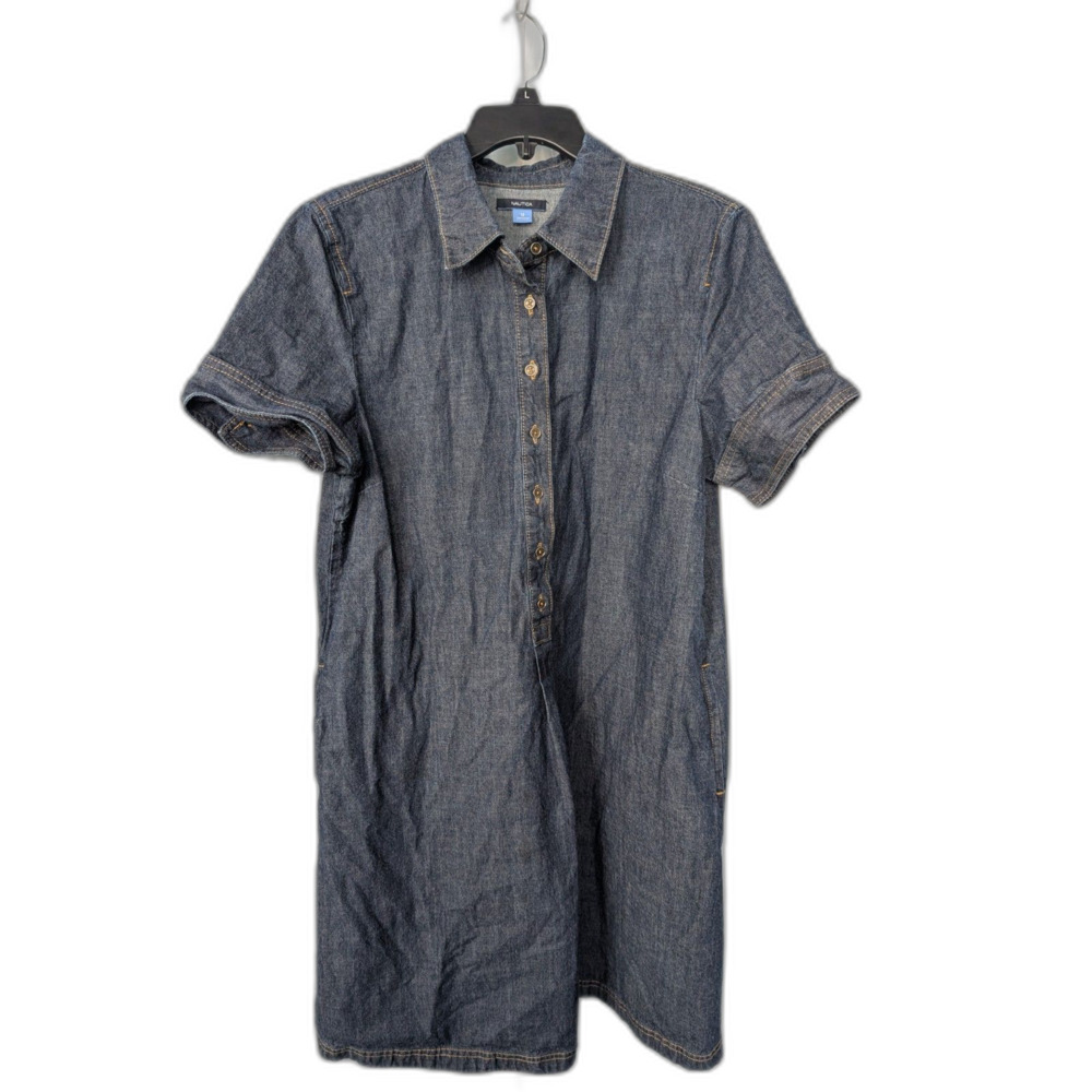 Nautica Vintage Indigo Denim Shirt Dress Sz 12 Short Sleeve Utility Casual